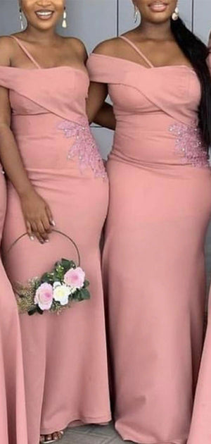 Pink One Shoulder Mermaid Long Formal Unique Bridesmaid Dresses BD103