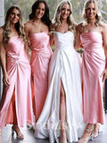 Pink Spaghetti Straps Sleeveless Unique Long Formal Bridesmaid Dresses BD189