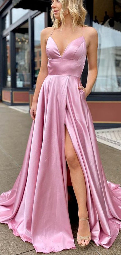 Popular Long A-line Simple V-Neck Modest Evening Prom Dresses with Slit PD234