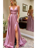 Popular Long A-line Simple V-Neck Modest Evening Prom Dresses with Slit PD234