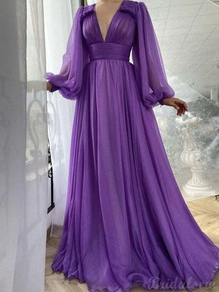purple evening dresses with sleeves Purple Long Sleeves Chiffon Vintage Modest Long Prom Dresses Evening D – bridalsew