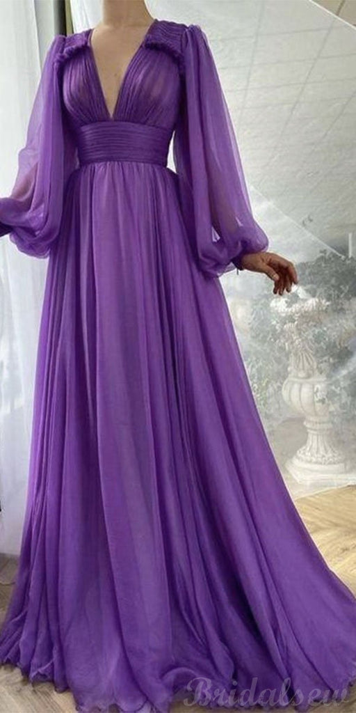 Purple Long Sleeves Chiffon Vintage Modest Long Prom Dresses Evening Dress PD182