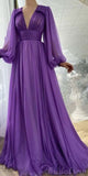 Purple Long Sleeves Chiffon Vintage Modest Long Prom Dresses Evening Dress PD182