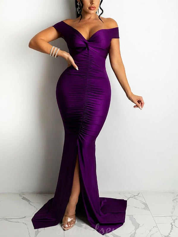Purple Off the Shoulder Mermaid Elegant Formal Black Girls Slay Satin Evening Long Prom Dresses PD537