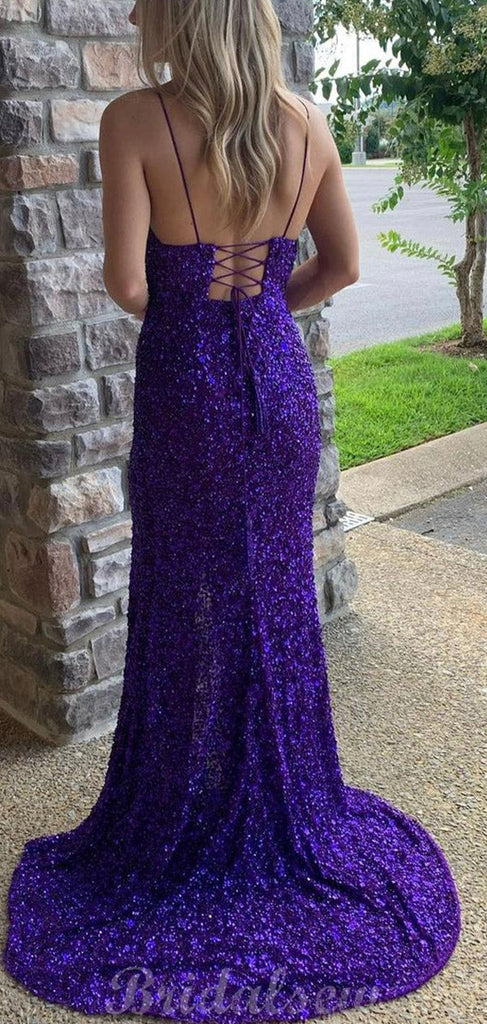 Purple Sparkly Sequin Mermaid Spaghetti Straps Black Girls Slay Evening Long Prom Dresses PD496