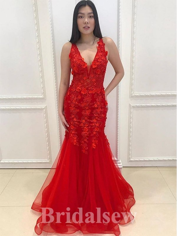 Red Appliques V-Neck Fashion Elegant Mermaid Formal Long Evening Prom Dresses PD1049