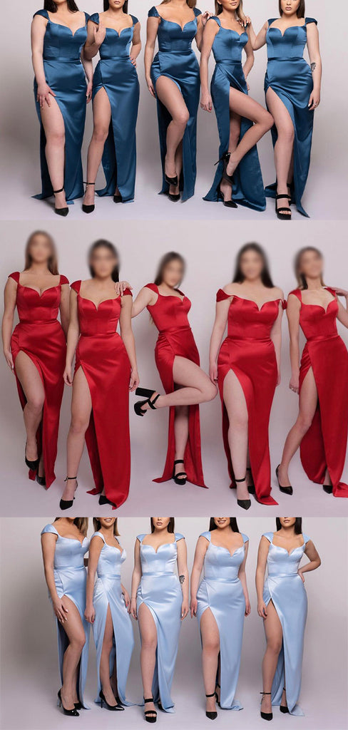 Red Green Cap Sleeves Satin Unique Plus Size Elegant Long Beach Formal Bridesmaid Dresses BD230