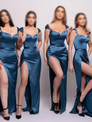 Red Green Cap Sleeves Satin Unique Plus Size Elegant Long Beach Formal Bridesmaid Dresses BD230