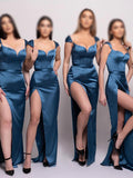 Red Green Cap Sleeves Satin Unique Plus Size Elegant Long Beach Formal Bridesmaid Dresses BD230