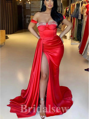 Red Mermaid Satin Modest New Long Slit Strapless Popular Evening Prom Dresses PD1195
