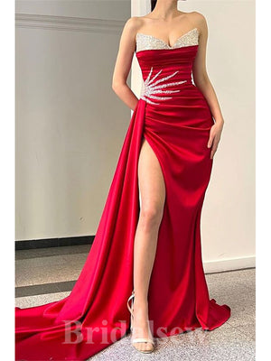 Red Satin Unique Modest Mermaid Elegant Long Party Women Prom Dresses, Formal Evening Dress PD685