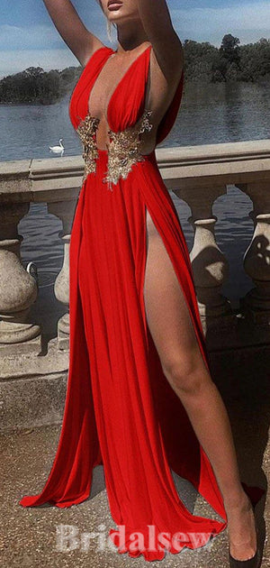 Red Sexy Unique Modest Sleeveless High Slit Stylish Long Women Evening Prom Dresses PD752