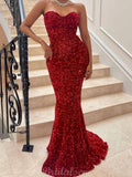 Red Sparkly Sequin Mermaid Elegant Black Girls Slay Simple Evening Modest Long Prom Dresses PD492