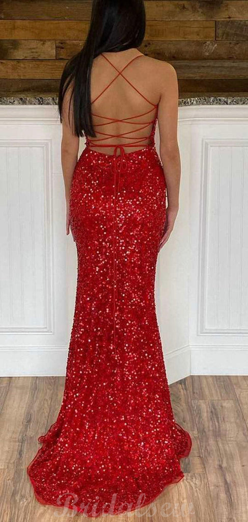 Red Sparkly Sequin Mermaid Spaghetti Straps Black Girls Slay Evening Long Prom Dresses PD494
