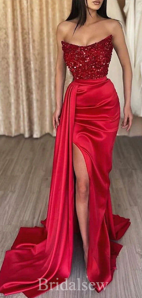 Red Strapless High Slit Popular Fashion Mermaid Elegant Party Women Long Evening Prom Dresses PD636