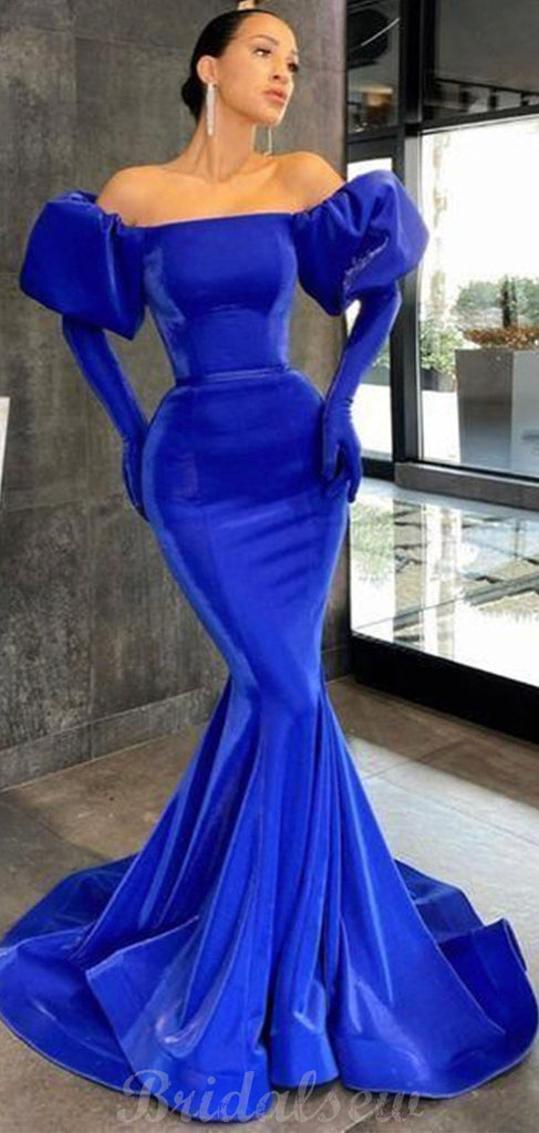 Royal Blue Long Sleeves Off the Shoulder Mermaid Long Prom Dresses PD104
