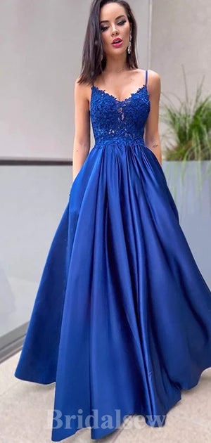 Royal Blue Satin Spaghetti Straps Modest Elegant Long Women Evening Prom Dresses PD813
