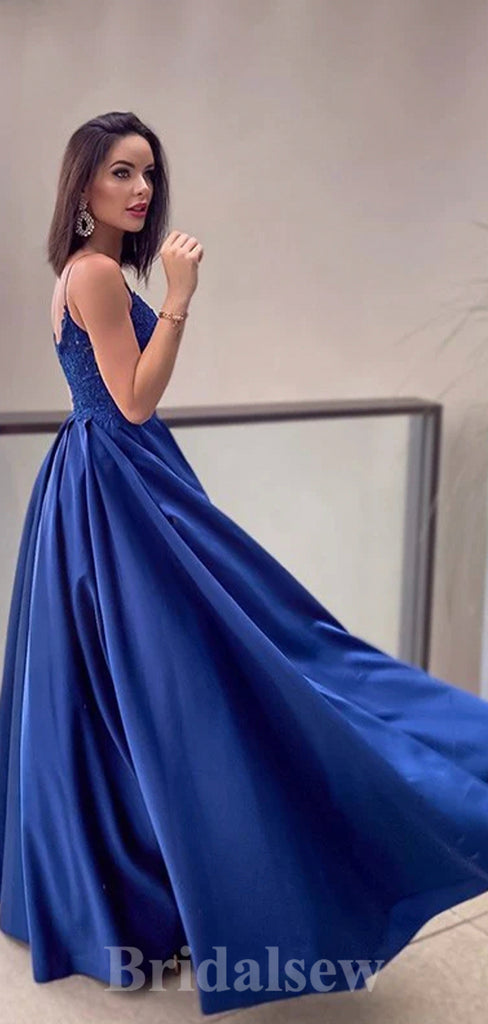 Royal Blue Satin Spaghetti Straps Modest Elegant Long Women Evening Prom Dresses PD813
