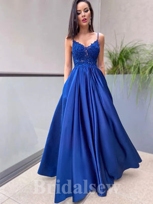 Royal Blue Satin Spaghetti Straps Modest Elegant Long Women Evening Prom Dresses PD813
