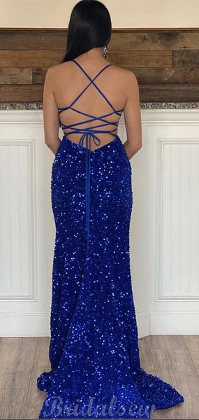 Sexy Royal Blue Sequin Mermaid Long Formal Gown,Backless Evening Dress Y1695