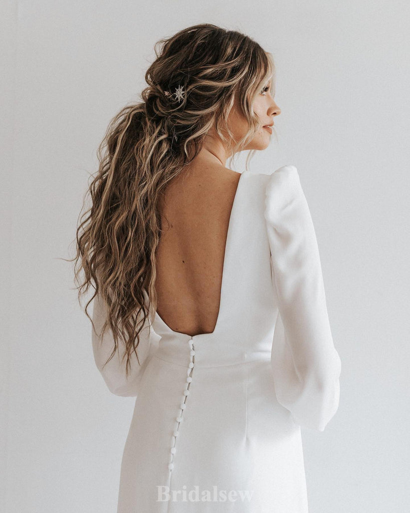 Satin Long Sleeves Elegant Best Vintage Dream Beach Long Wedding Dresses, Bridal Gown WD462