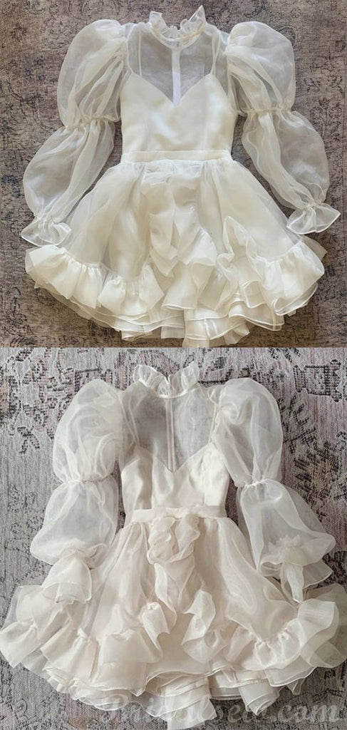 Short Beach Vintage Unique Long Sleeves Wedding Dresses WD009