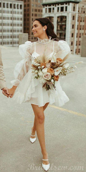 Short Beach Vintage Unique Long Sleeves Wedding Dresses WD009 – bridalsew Short Beach Vintage Unique Long Sleeves Wedding Dresses WD009 – bridalsew