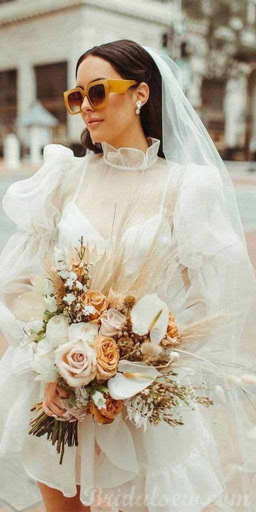 Short Beach Vintage Unique Long Sleeves Wedding Dresses WD009