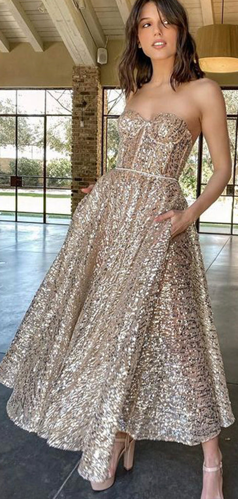 Short Charming Sparkly Sequin Strapless Prom Dresses, Homecoming Dresses PD217