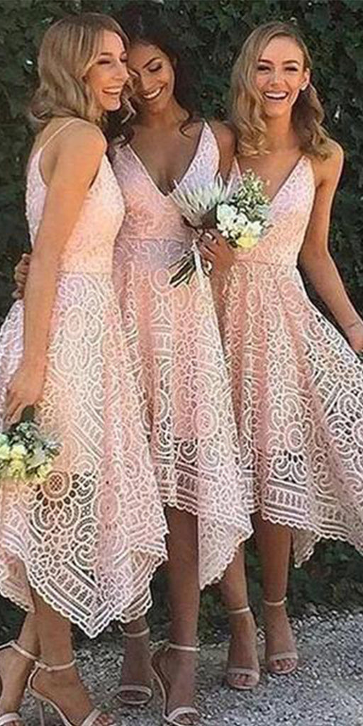 Short Lace Spaghetti Straps Pink Navy Blue Bridesmaid Dresses BD039