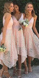 Short Lace Spaghetti Straps Pink Navy Blue Bridesmaid Dresses BD039