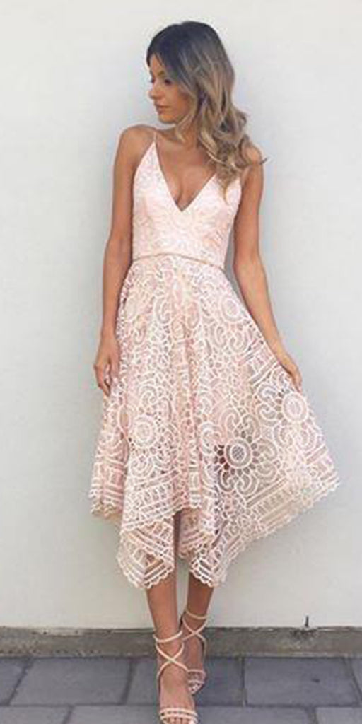 Short Lace Spaghetti Straps Pink Navy Blue Bridesmaid Dresses BD039