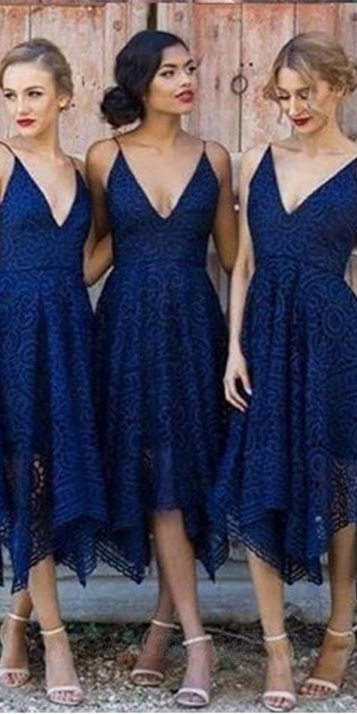 Short Lace Spaghetti Straps Pink Navy Blue Bridesmaid Dresses BD039