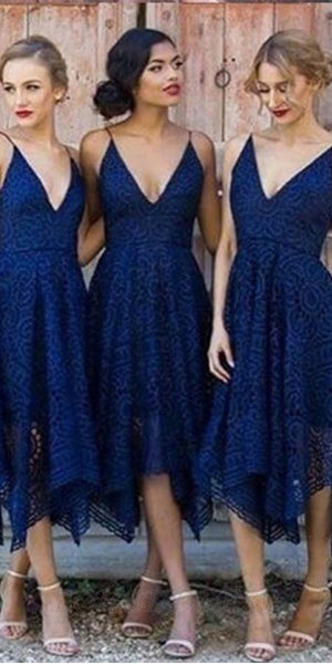 Short Lace Spaghetti Straps Pink Navy Blue Bridesmaid Dresses BD039
