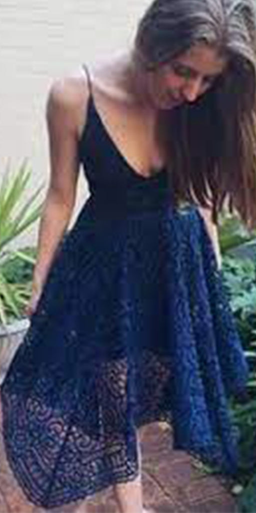 Short Lace Spaghetti Straps Pink Navy Blue Bridesmaid Dresses BD039