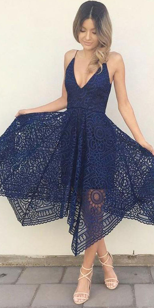 Short Lace Spaghetti Straps Pink Navy Blue Bridesmaid Dresses BD039