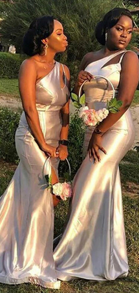 Silver One Shoulder Sexy Mermaid Long Bridesmaid Dresses, Wedding Guest Dress BD086