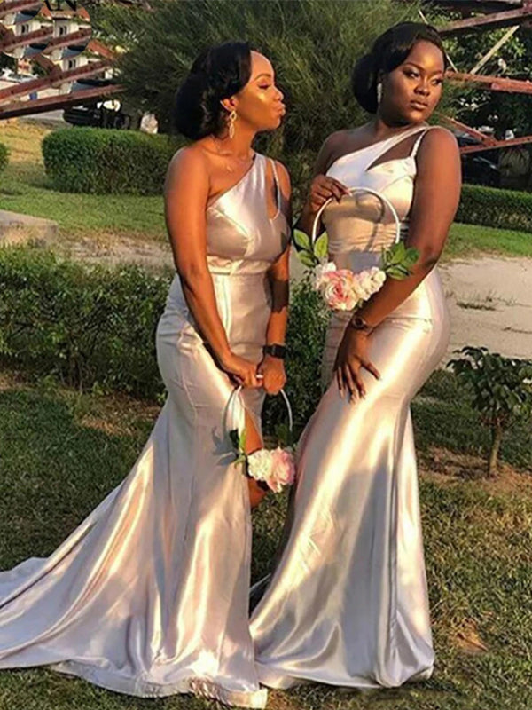Silver One Shoulder Sexy Mermaid Long Bridesmaid Dresses, Wedding Guest Dress BD086