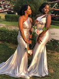 Silver One Shoulder Sexy Mermaid Long Bridesmaid Dresses, Wedding Guest Dress BD086