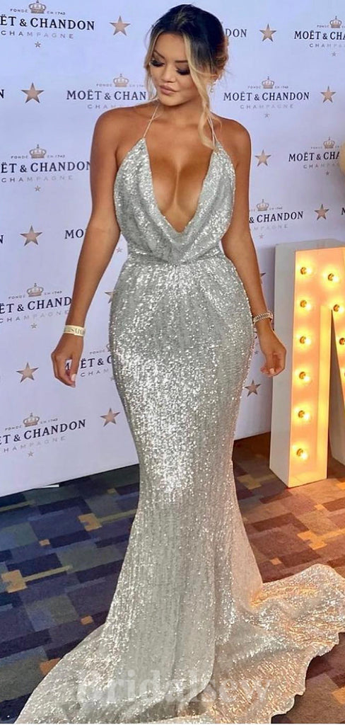 Silver Sequin Sparkly Fitted Mermaid Party Long Women Evening Prom Dresses PD767