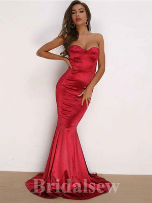 Simple Red Mermaid Strapless Modest Long Elegant Evening Prom Dresses PD1030