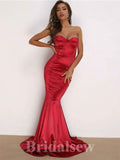 Simple Red Mermaid Strapless Modest Long Elegant Evening Prom Dresses PD1030