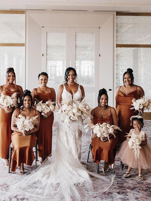Simple Spaghetti Straps Burnt Orange New Plus Size Modest Long Formal Bridesmaid Dresses BD209