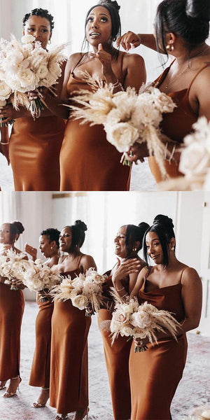 Simple Spaghetti Straps Burnt Orange New Plus Size Modest Long Formal Bridesmaid Dresses BD209