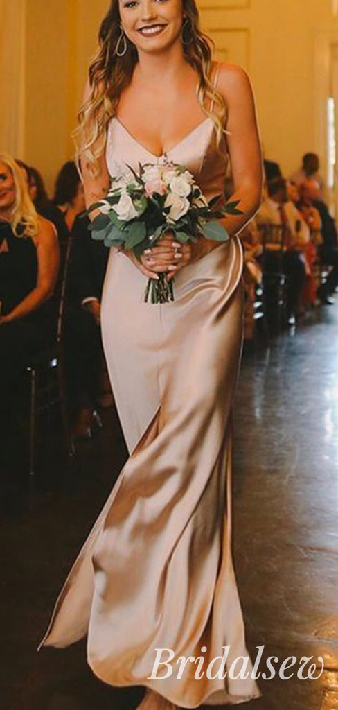 Simple Spaghetti Straps Champagne Prom Dress with Slit BD063