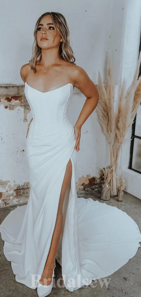 Simple Unique Mermaid Romantic Satin Elegant Beach Vintage Long Wedding Dresses WD366