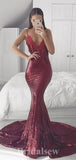 Spaghetti Straps Dark Red Mermaid Sparkly Sequin Long Evening Prom Dresses PD1197