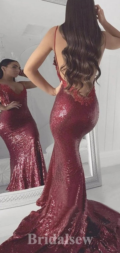Spaghetti Straps Dark Red Mermaid Sparkly Sequin Long Evening Prom Dresses PD1197
