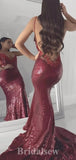 Spaghetti Straps Dark Red Mermaid Sparkly Sequin Long Evening Prom Dresses PD1197