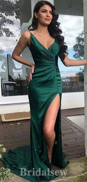 Spaghetti Straps Green Slit Elegant Mermaid Formal Long Evening Prom Dresses PD1053